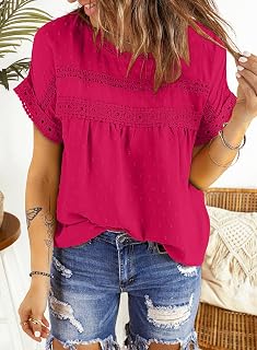 Women Summer Blouses Tunic Tops Short Sleeve Lace Round Neck Loose Fit Casual Solid Color