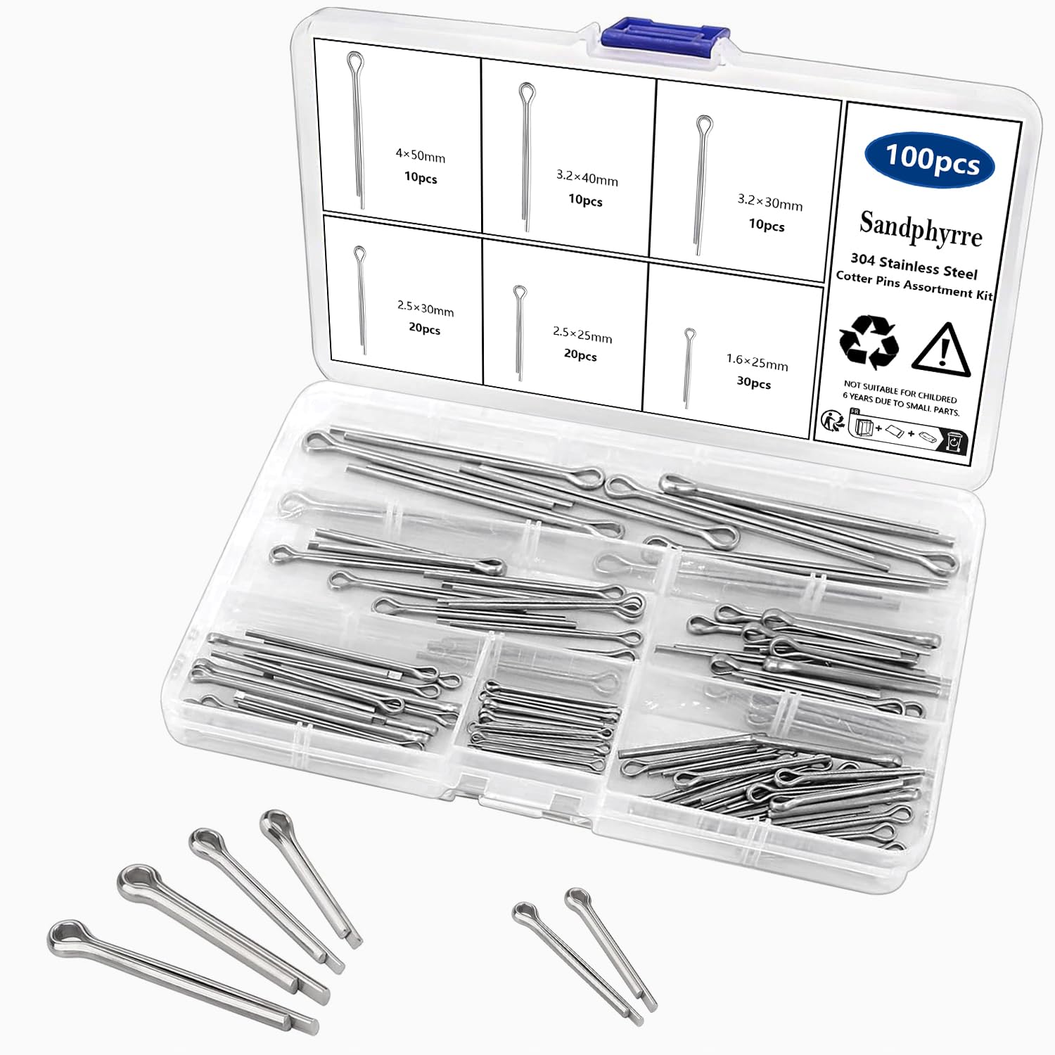 Sandphyrre Cotter Pins Assortment Kit, 304 Stainless Steel Split Pins for Hitch 