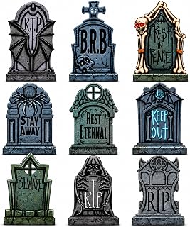 9 Pcs 16" Halloween Tombstones Outdoor Yard Decor, Foam Graveyard Cemetery Headstones with 18 Metal Stakes for Garden Lawn Party Props