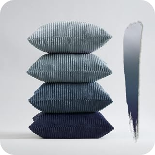 Topfinel Set of 4 Navy Blue Striped Soft Corduroy Decorative Throw Pillow Covers 26x26 Inch for Beach Patio Balcony Living Room Summer Home Decor