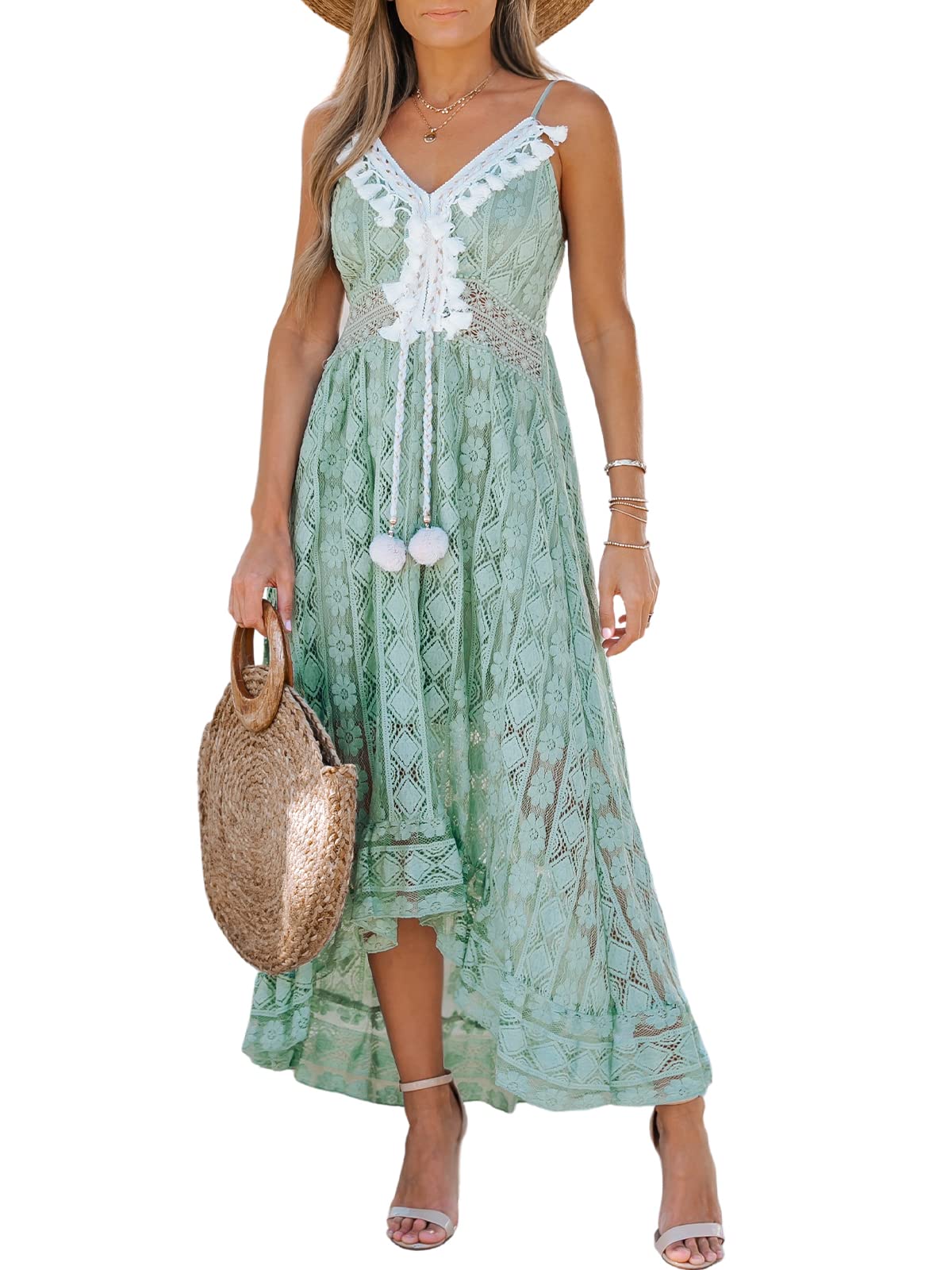 CUPSHE Women's Summer Slip Boho Maxi Dress Lace Up Tassel V-Neck Flare Ruffle Be