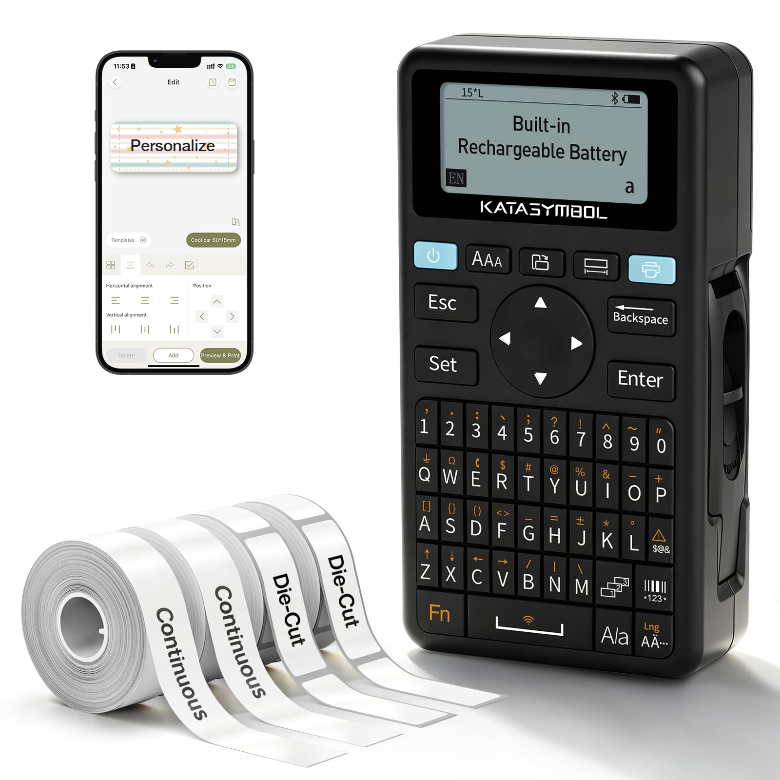 SUPVAN E11 Keyboard & Bluetooth Label Maker Machine with 4 Tapes | Rechargeable,