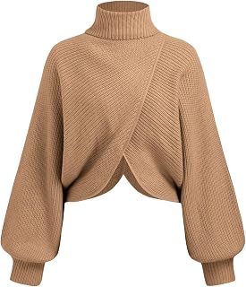 CIDER Cropped Sweaters for Women Wrap Lantern Sleeve Turtleneck Sweater
