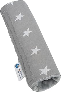 Medi Partners Child Car Seat Belt Cover 17 x 22 cm 100% Cotton Minky Belts Kids Seat Protector (Grey Stars with Minky)