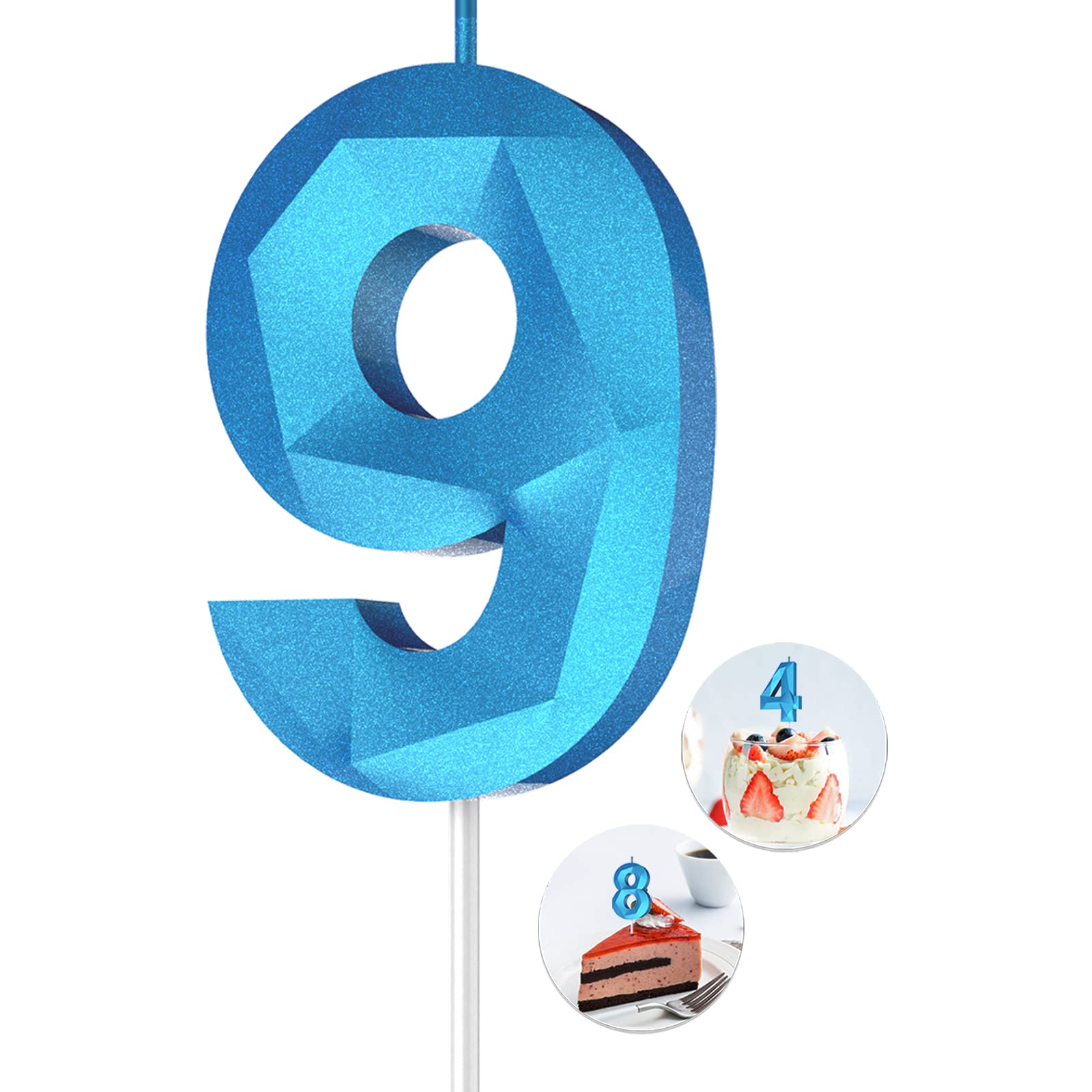 Number Birthday Candles(9 Candle Blue) 3D Diamond Shape Number Happy Birthday Ca