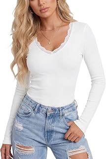 LYANER Women Long Sleeve Shirts Lace V Neck Basic Casual Ribbed Knitted Cute Fashion Clothes