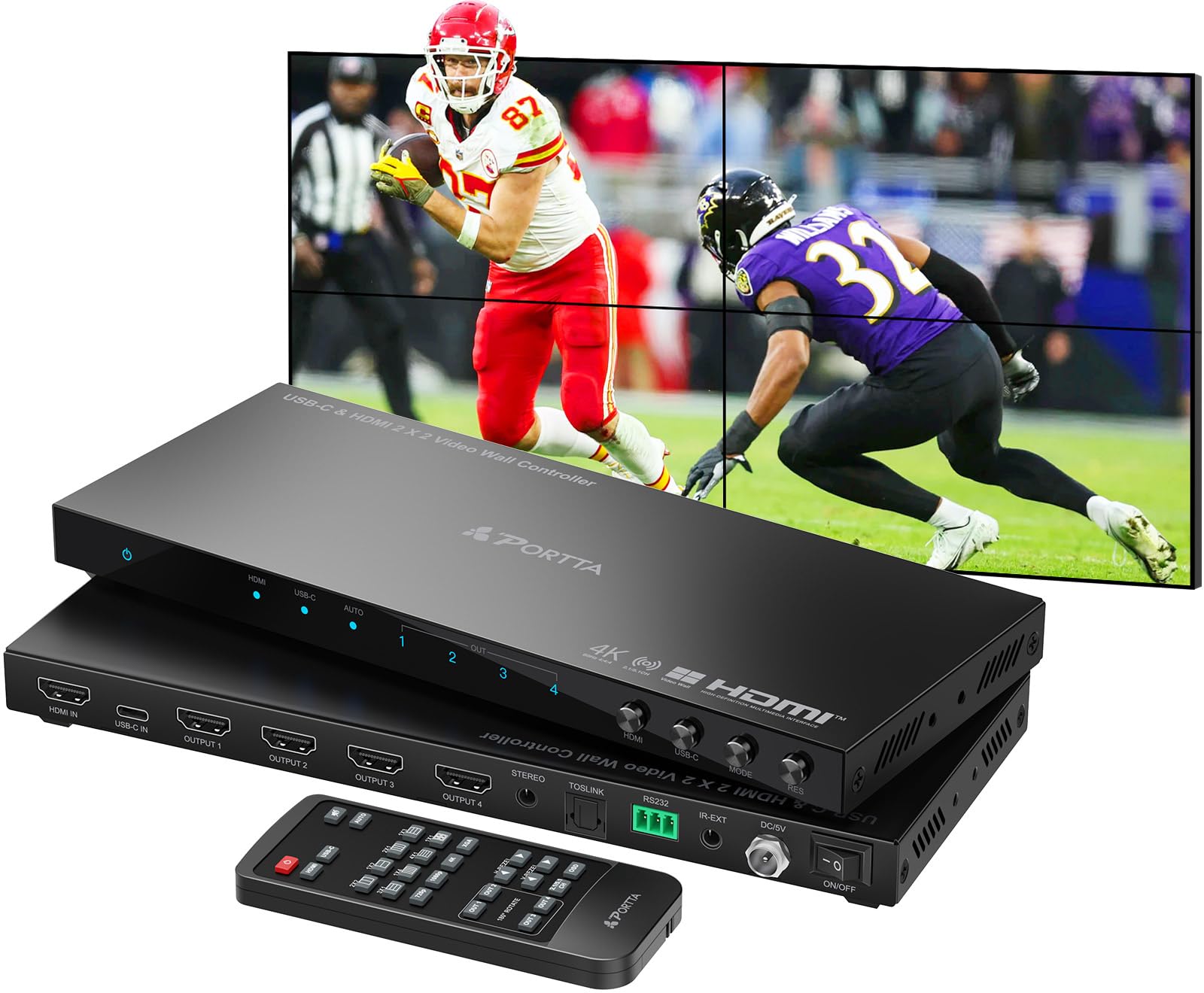PORTTA 2x2 HDMI or USB-C Video Wall Controller 4K 60Hz, Video Wall Processor wit