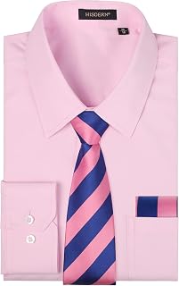 HISDERN Men's Shirt Long Sleeve Plain Shirts with Tie and Handkerchief Formal Business Shirt Wedding Casual Shirt with Chest Pocket Regular Fit