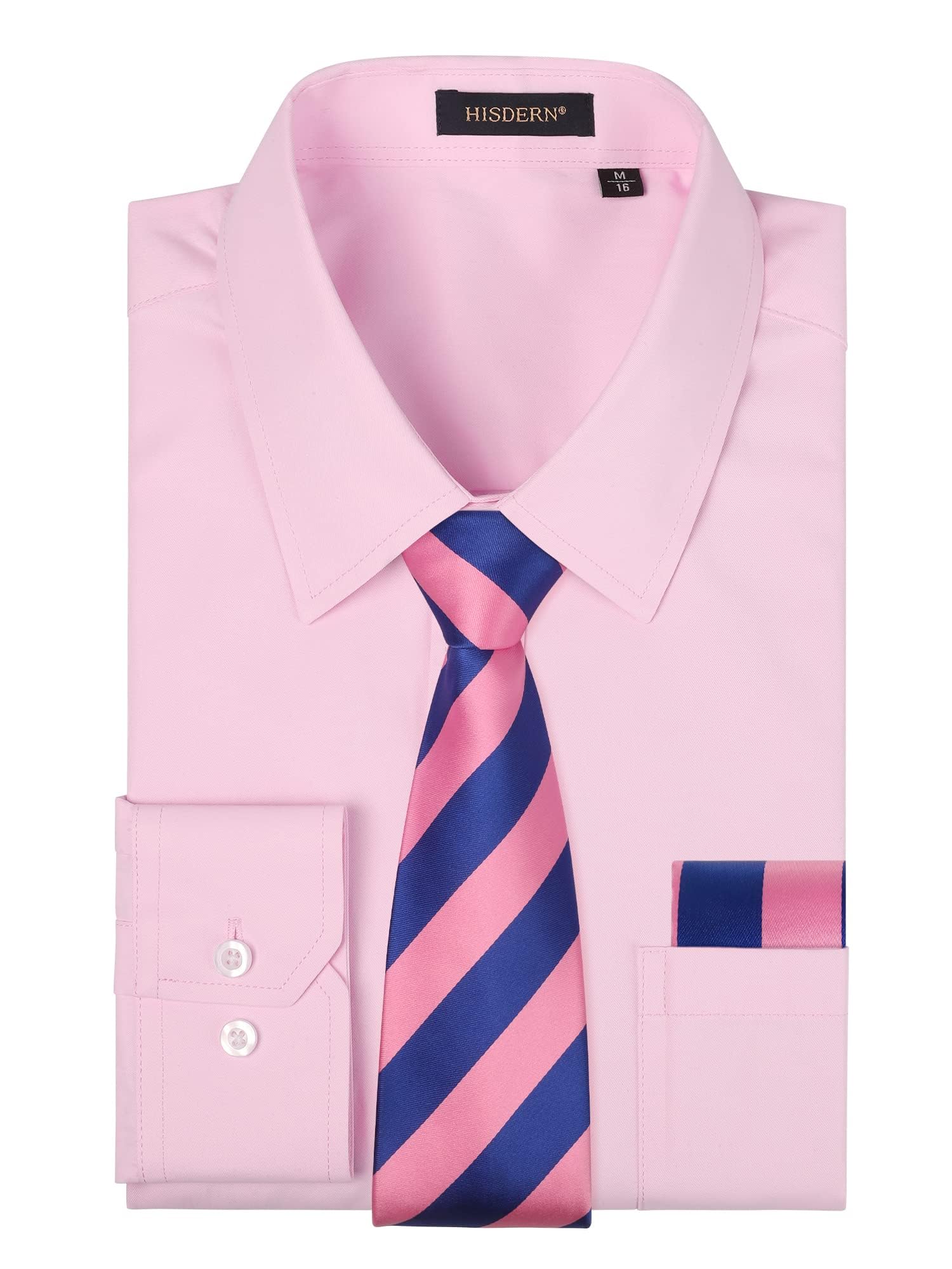 HISDERN Men's Shirt Long Sleeve Plain Shirts with Tie and Handkerchief Formal Bu