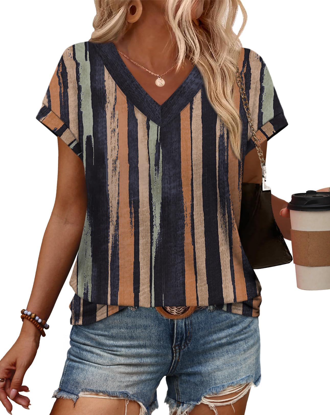 Womens T Shirts V Neck Cap Sleeve Summer Tops Basic Women Blouses Beach Vacation