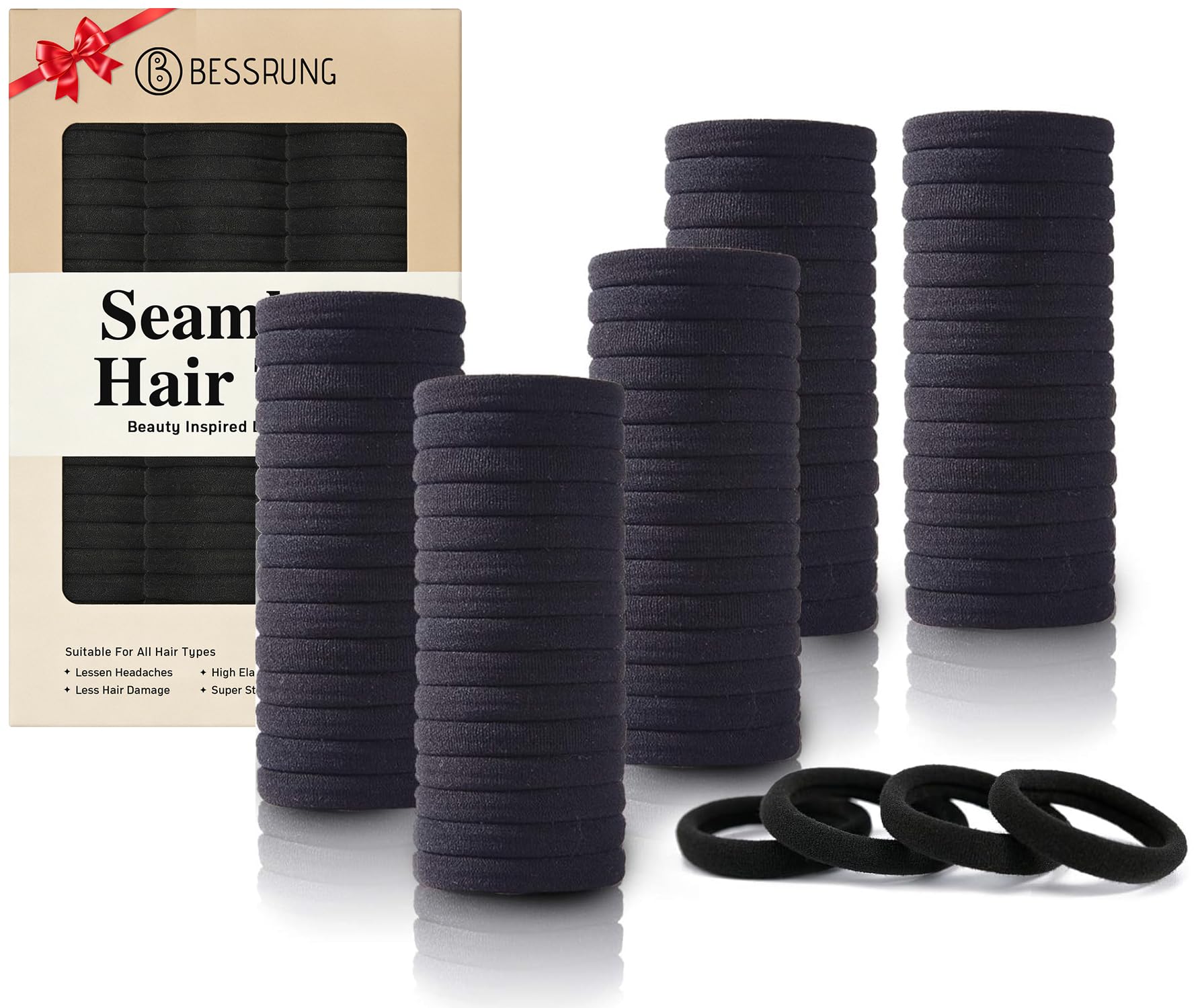 Bessrung 100PCS Black Seamless Elastic Hair Ties No Damage for Women Girls | Sof