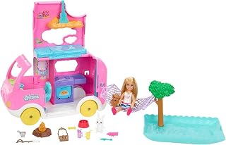 ​Barbie Camper, Chelsea 2-in-1 Playset | Small Doll, 2 Pets & 15 Accessories, Vehicle Transforms into Camp Site