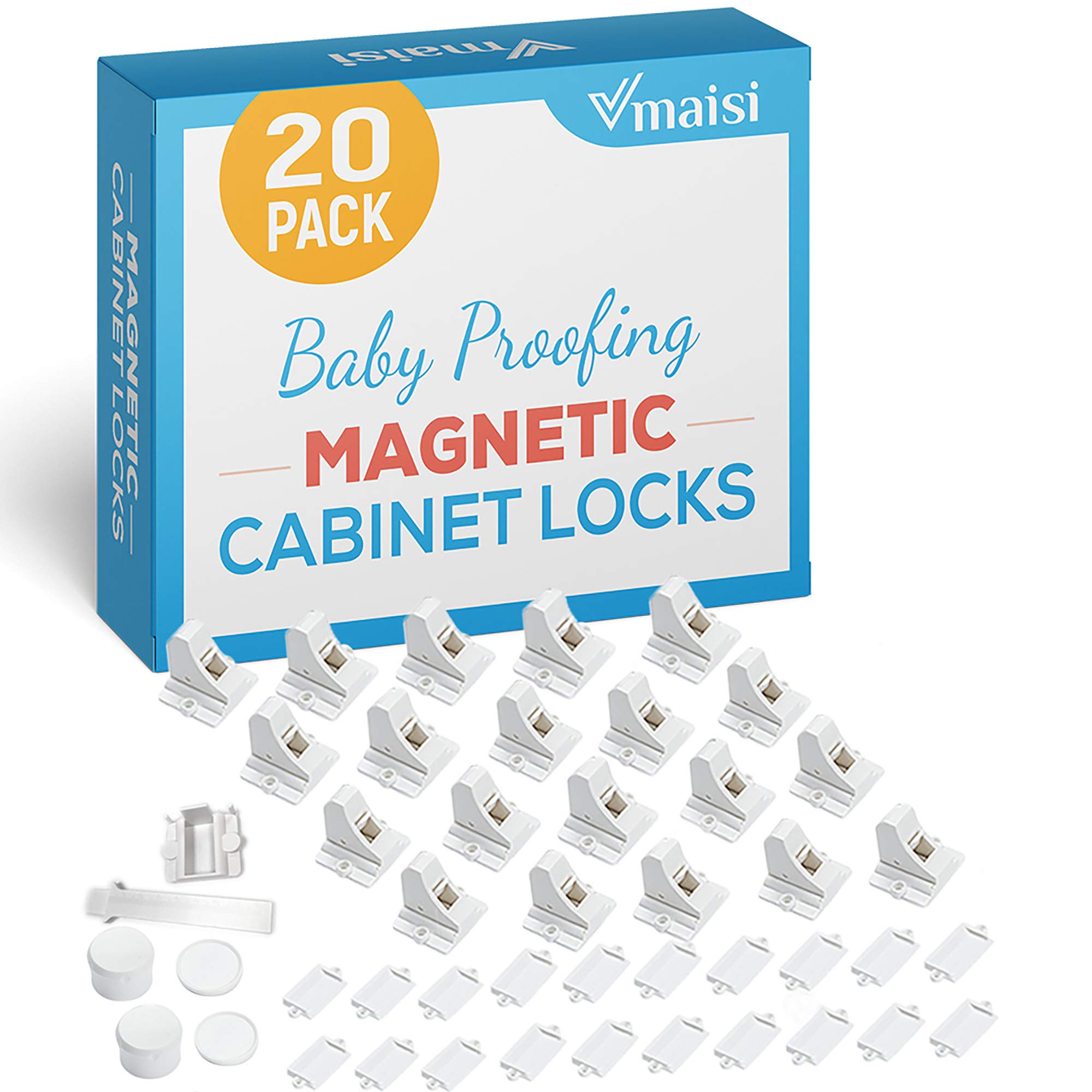 Vmaisi 20 Pack Magnetic Cabinet Locks Baby Proofing and 2 Keys | Children Proof 