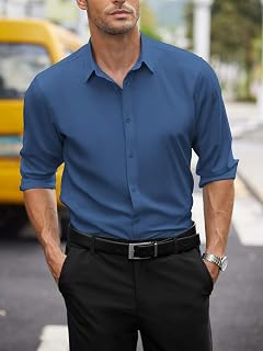 Mens Work Shirts Wrinkle Free Long Sleeve Regular Fit Casual Textured Dress Shirt Buttoned Shirts