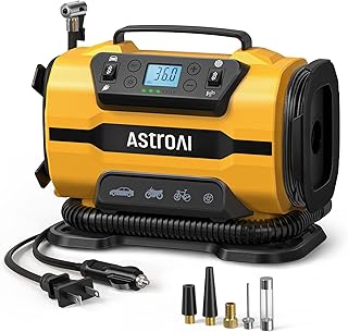 AstroAI Tire Inflator Portable Air Compressor, 12V DC/120V AC Dual Power | Fast-Inflating Air Pump with Dual Metal Motors, 150PSI Digital Gauge for Car, SUV, Bike Tires &amp; Air Mattresses, Yellow