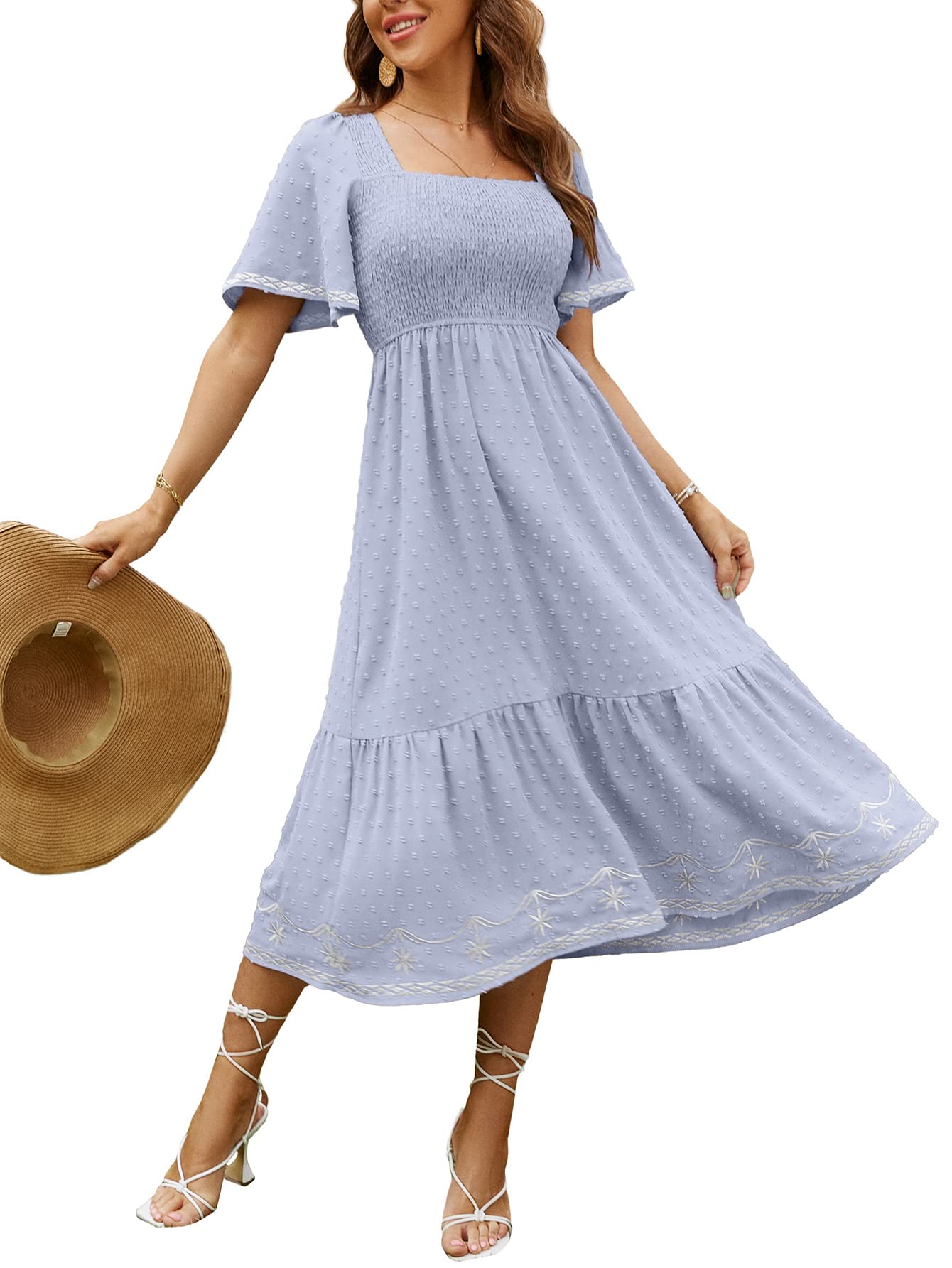Glamaker Women's Short Sleeve Smocked Square Neck A Line Summer Flowy Maxi Long 