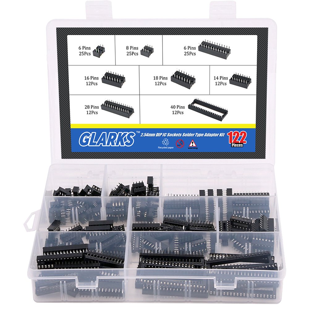 Glarks 122Pcs 2.54mm Pitch DIP IC Sockets Solder Type Adaptor Assortment Kit (6 