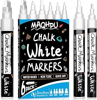 Maqhpu Chalk Pens, 6 Washable White Chalk Pens for Chalkboards and Windows | Liquid Chalk Marker, Erasable Blackboard for Signs, Windows, Glass, Blackboard (1 mm, 3 mm, 6 mm, 10 mm)