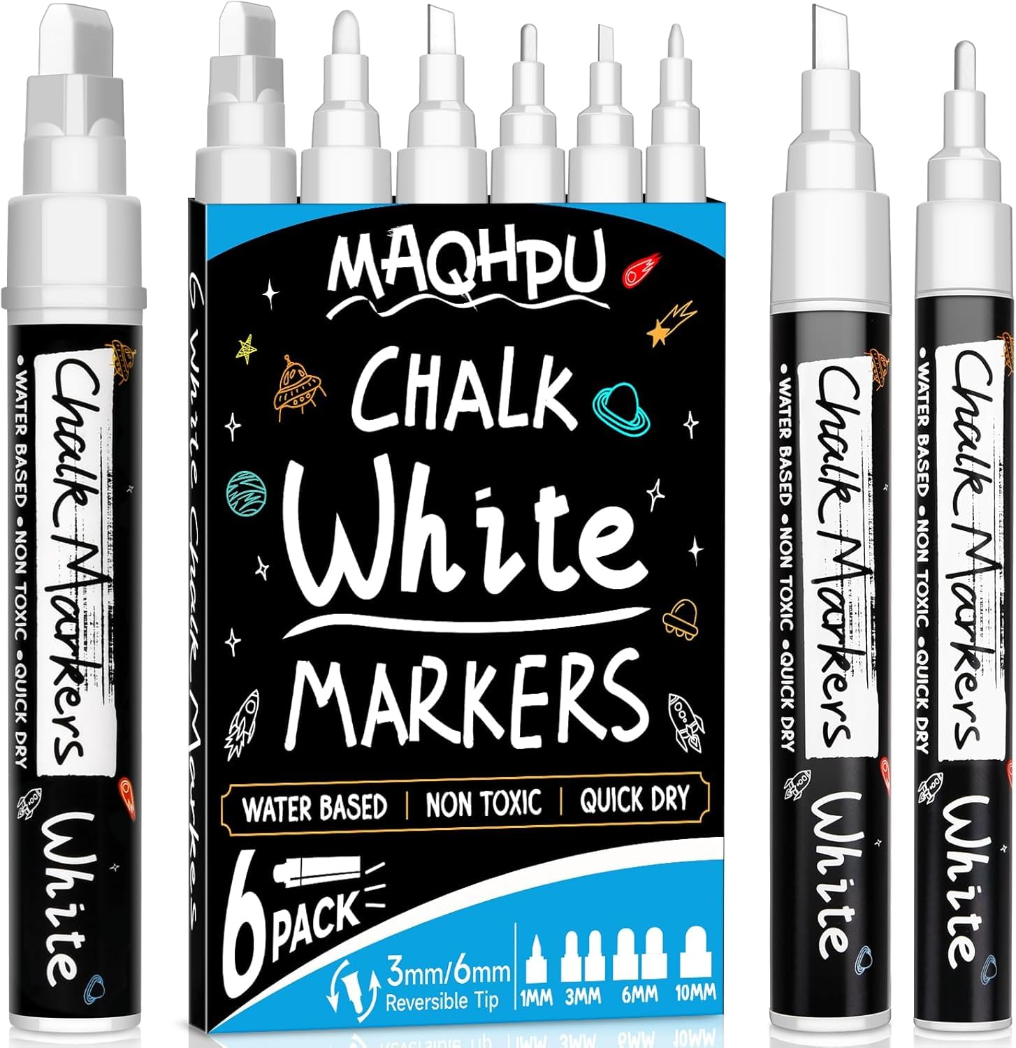 Maqhpu Chalk Pens, 6 Washable White Chalk Pens for Chalkboards and Windows | Liq