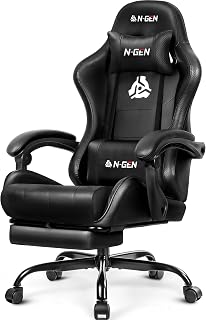 N-GEN GAMING Gaming Chair with Footrest,Lumbar Support,High-Back,Dark Black