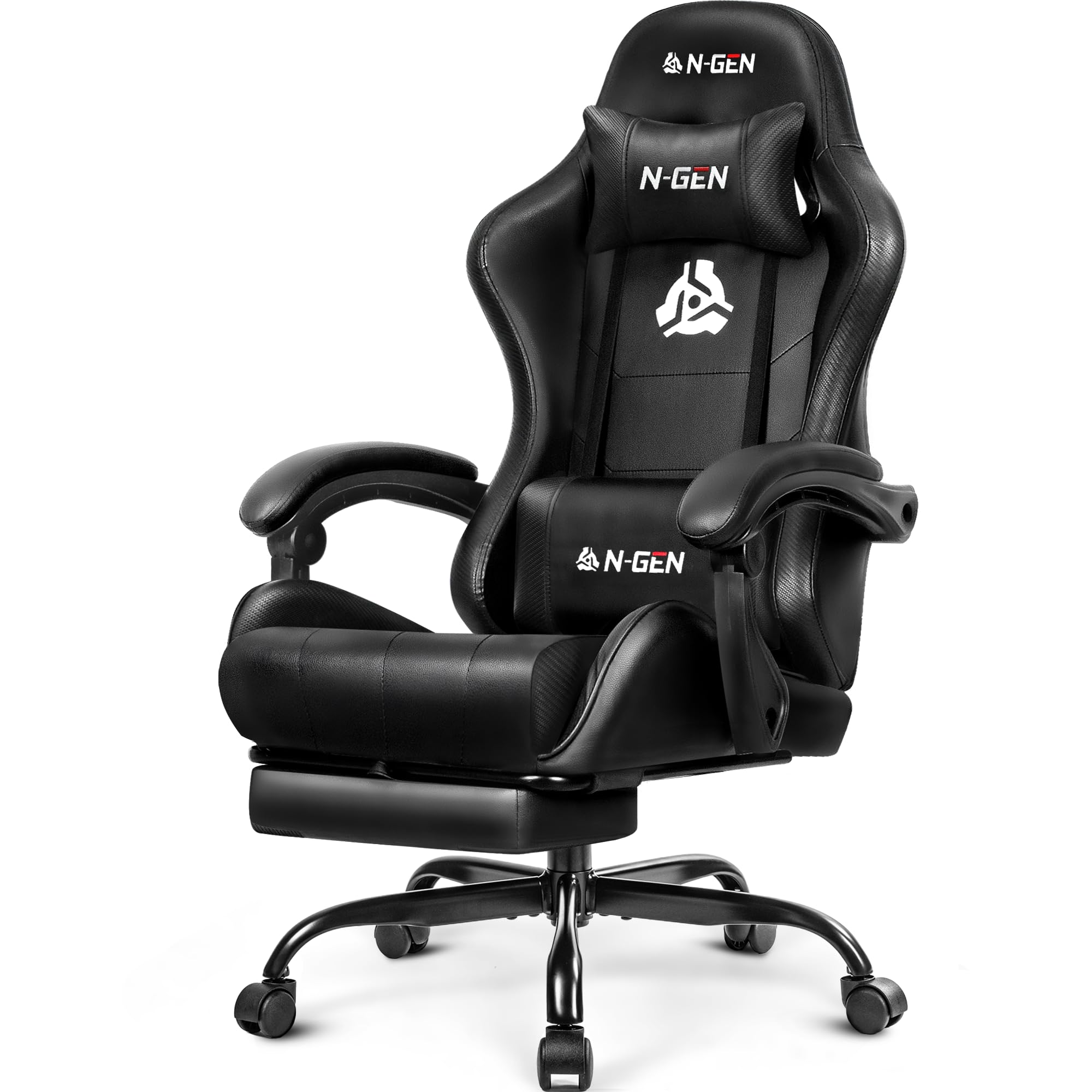 N-GEN GAMING Gaming Chair with Footrest,Lumbar Support,High-Back,Dark Black