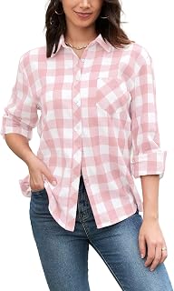 Betusline Long Sleeve Button Down Plaid Flannel Shirt