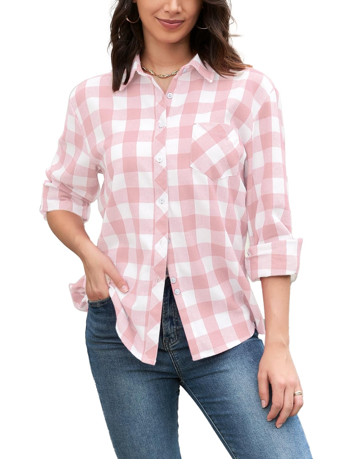 Betusline Long Sleeve Button Down Plaid Flannel Shirt