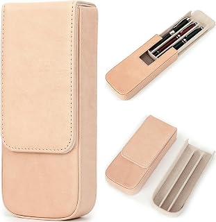 Top Grain Genuine Leather 3 Fountain Pen/Pencil Case Organizer, Solid Minimalist Design, Handmade, Magnetic Closing with Drawer Design, Gift Choice for Man/Woman/Office, Glossy Nude, 3 Slots