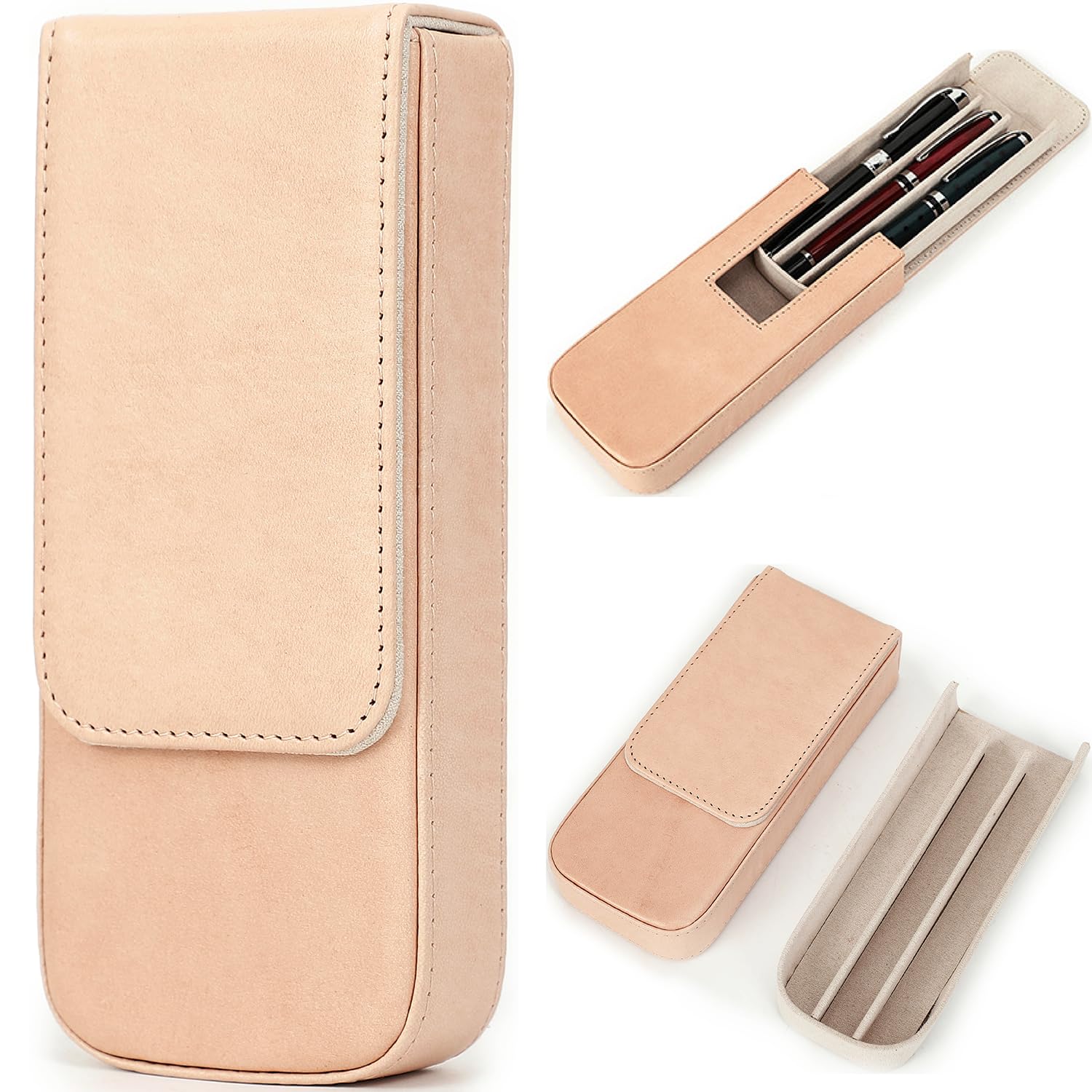 Top Grain Genuine Leather 3 Fountain Pen/Pencil Case Organizer, Solid Minimalist