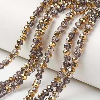 80Pcs 6x5mm Rondelle Electroplate Glass Beads Half Golden Plated Faceted for Necklace Bracelet Earring Crafts Suncatcher DIY Jewelry Making Home Decor Accessories Hole 1mm Rosy Brown