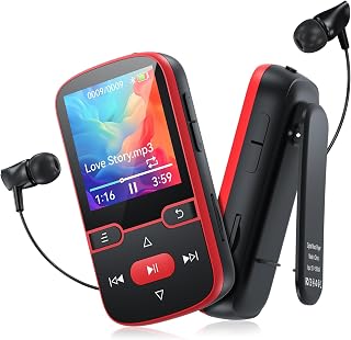 64GB MP3 Player Bluetooth 5.3 for Kids with Clip for Sport,1.5''Screen | HiFi Sport Music Player, with Physical Buttons, FM Radio/Voice Recorder, Weighs Only 28g, TF Card Up to 128G(Red)