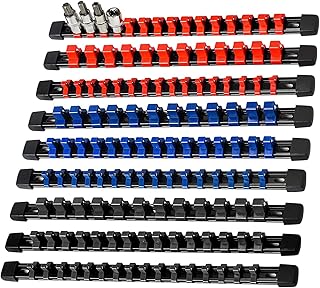 AMM 9PCS Socket organizer, 1/4" 3/8" 1/2" Drive Heavy duty socket holder | Premium ABS Construction | Clip-on Rail Design | Wall-mountable Space-saving Garage Tool Tray