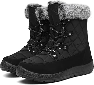Bella Bays Women Winter Snow Boots Ladies Fur Lined Warm Outdoor Lace Up Zipper Flat Waterproof Thermal Non Slip Ankle Booties Walking Shoes Black/Grey/Red/Blue Size UK 3-9
