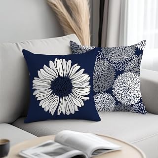 2 Pieces Dark Blue Floral Print Throw Pillow Covers 18 x 18 Inch Decorative Throw Pillow Covers Square Art Decorative Pillows Abstract Sunflower Pillows for Couch Sofa Living Room Bedroom