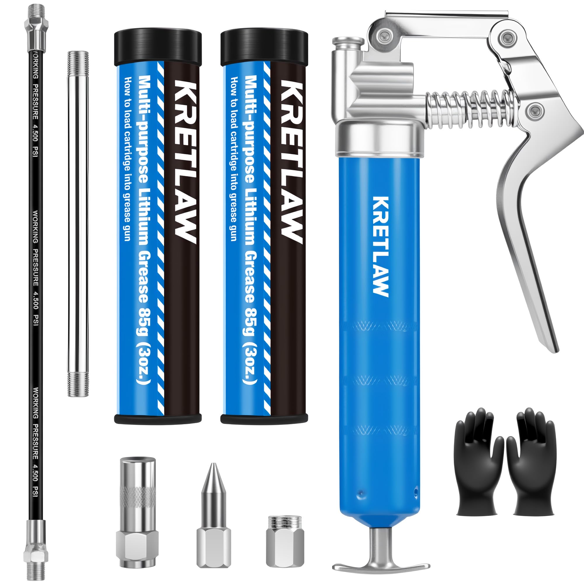 KRETLAW Mini Grease Gun (3000PSI) with Double 85G Cartridge Grease and Flexible 