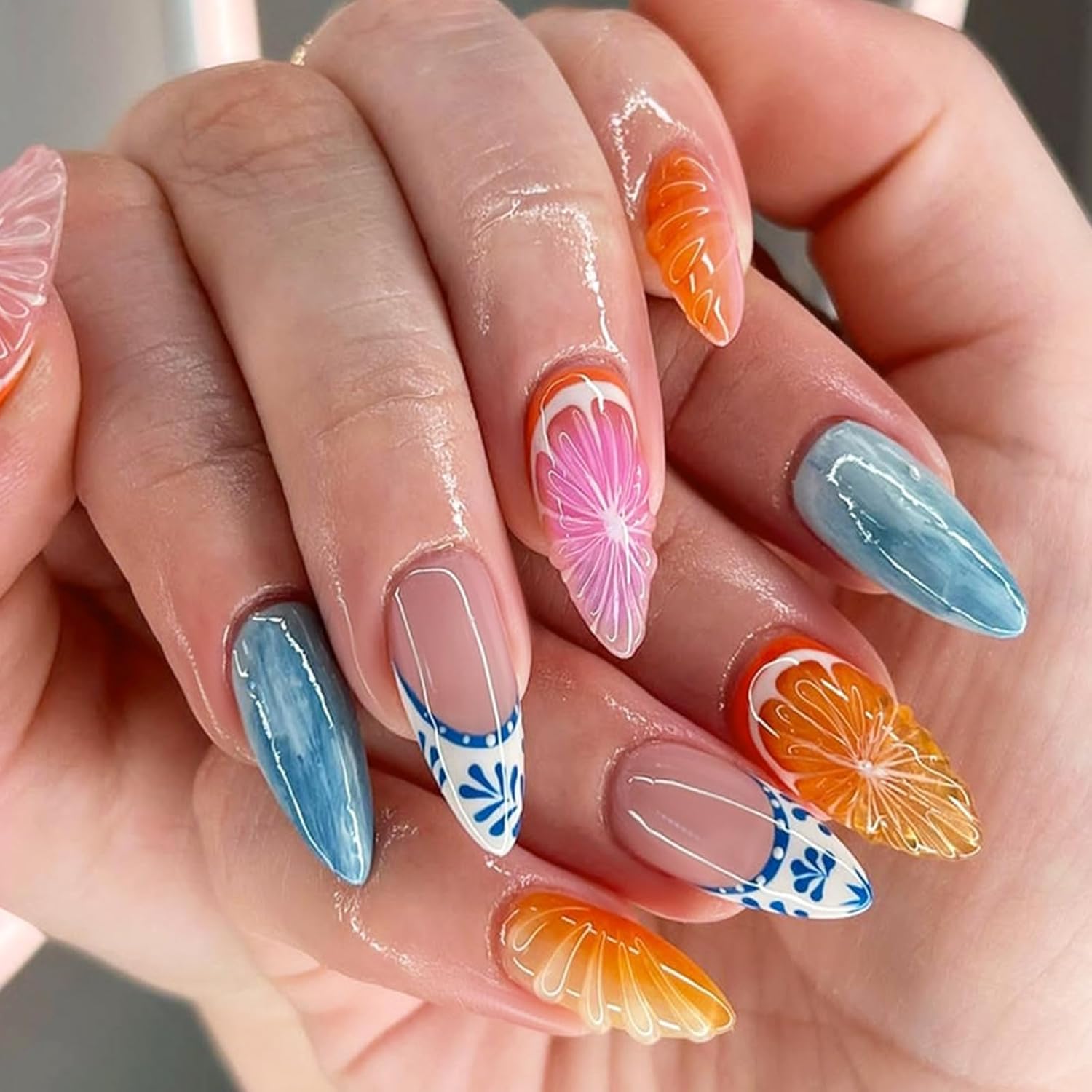 French Long Stiletto Press On Nails, 3D Orange Fruit Fake Nails, Glossy Acrylic 
