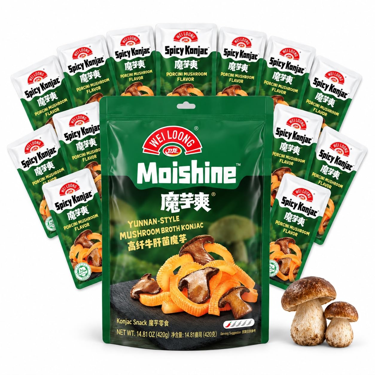 WEILOONG Premium Porcini Mushroom Konjac Jerky-Style Snack, 24 Packs | Made with