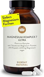 SUNDAY NATURAL® Magnesium Complex – 240 Capsules – 400 mg per Day – Made from 7 Compounds: Magnesium Bisglycinate, Citrate, Malate, Lactate, Ascorbate, Oxide, Lysinate – Vegan, Laboratory Tested