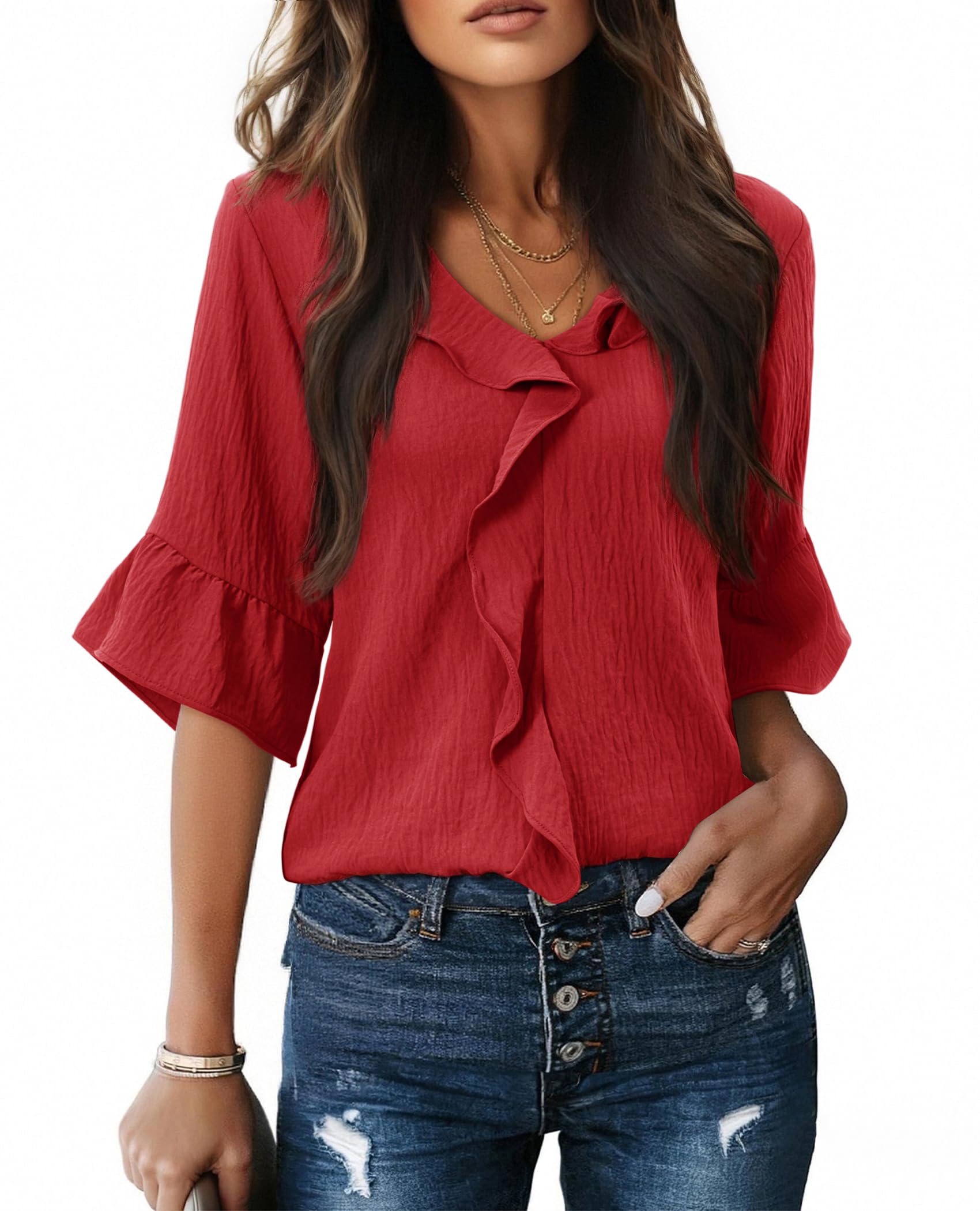 siliteelon Camicette da donna elegante casual manica a 3/4 volant campana top do