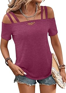 Bliwov Womens Cold Shoulder Tops Cute Sexy Short Sleeve Summer T Shirts