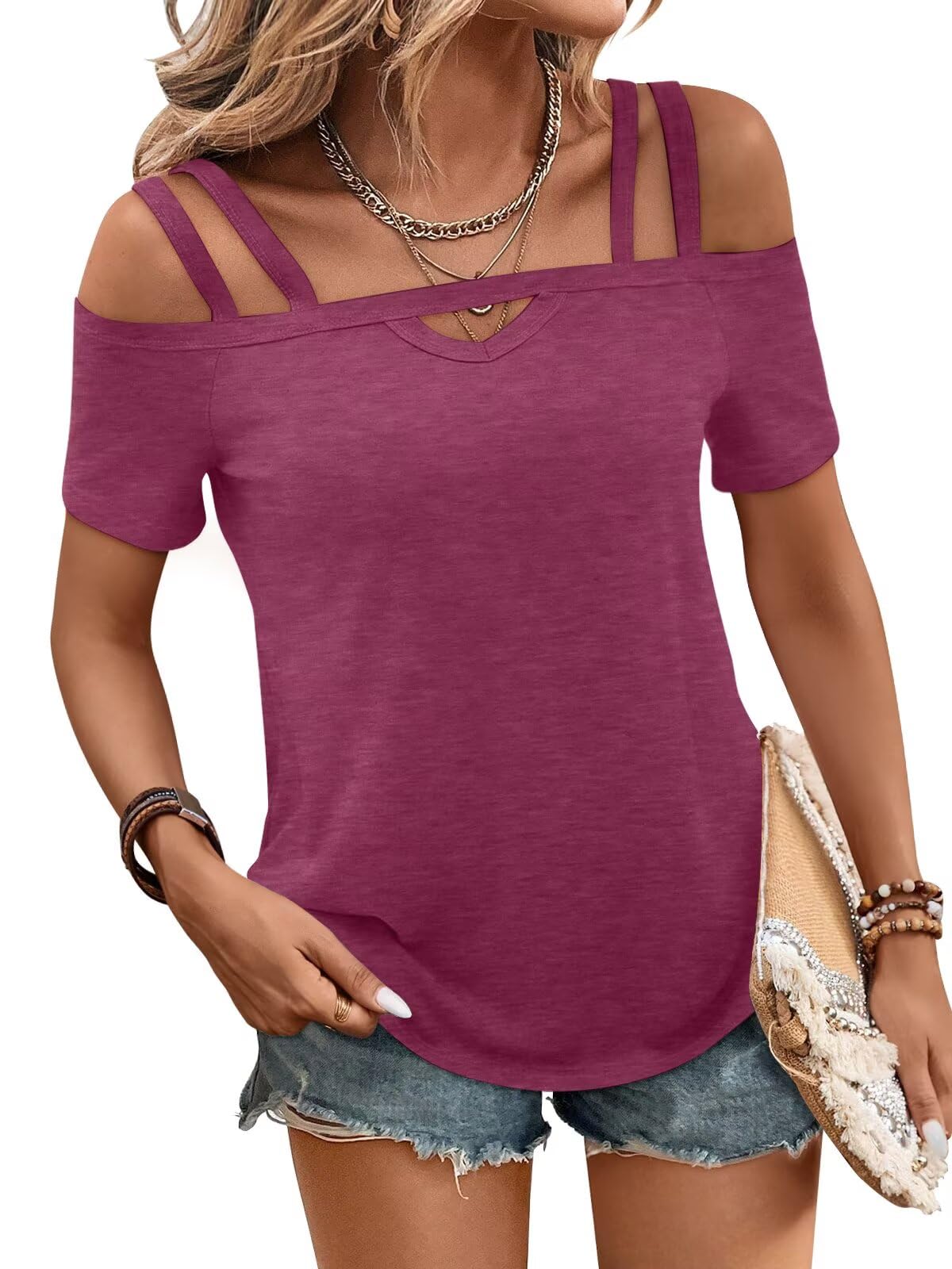 Bliwov Womens Cold Shoulder Tops Cute Sexy Short Sleeve Summer T Shirts