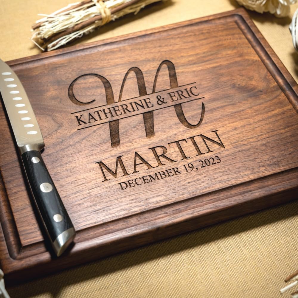 Personalized Cutting Board with Engraved Single Letter, Family Name Below, Weddi