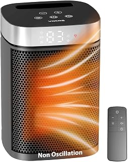 Small Portable Space Heater for Indoor Use - VOCRS 1500W PTC Electric Heater with Thermostat, Remote Control, 12H Timer, Eco and Fan Mode, Rapid and Safe Heating for Bedroom, Office