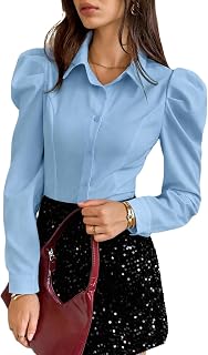 Floerns Women's Elegant Puff Long Sleeve Collared Shirts Dressy Blouse Top