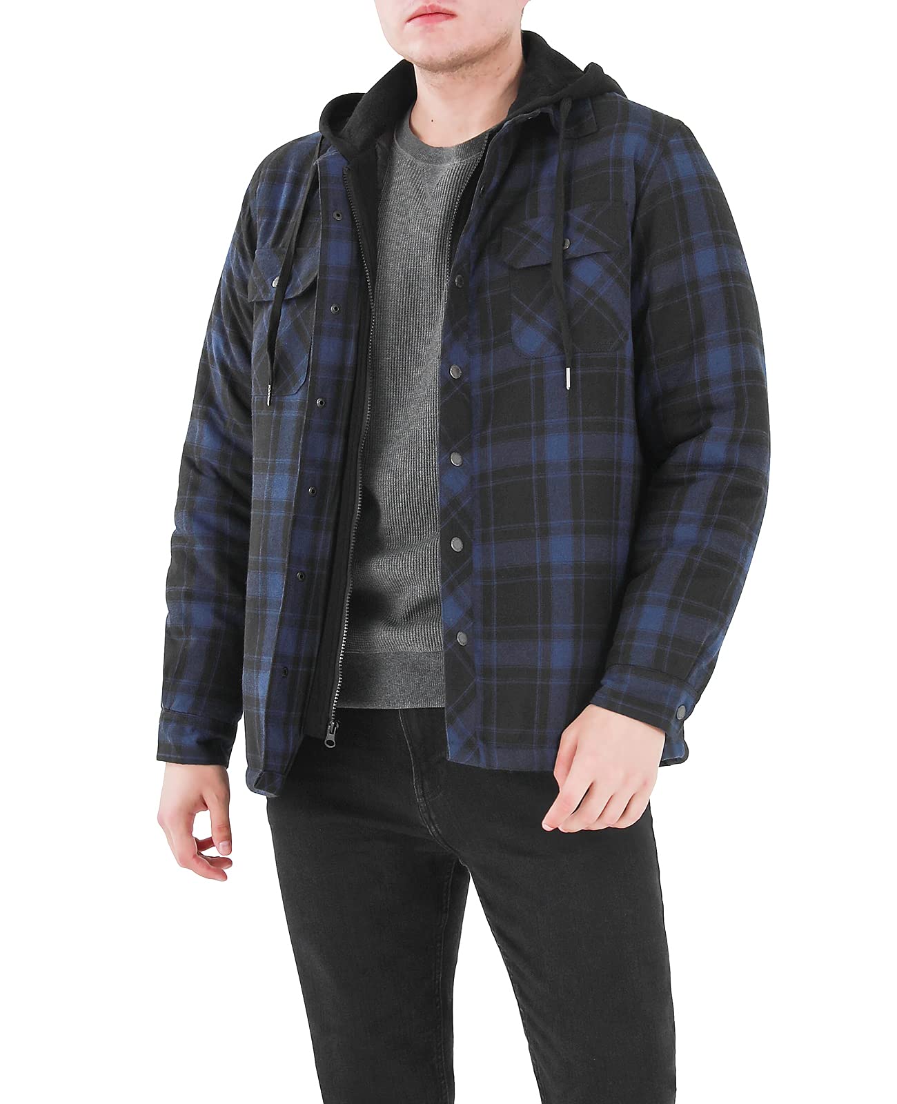 ThCreasa Men's Quilted Lined Flannel Jacket with Hood