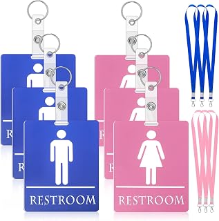 Fuyoooo 6 Set Bathroom Pass for Classrooms with Keychain Blue,Pink | Hall Restroom Passes Including Lanyard, Durable PVC Waterproof, Bulk Set for Teachers Male Female Bathroom Icons