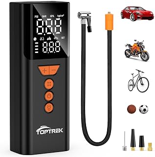 toptrek Cordless Tyre Inflator Air Compressor 150 PSI Portable for Car Bike | Electric Tyre Pump, Preset Value, Auto Shutoff & LED Light, 4000mAh Digital Air Pump with Power Bank for Car/Motorcycle/Bike