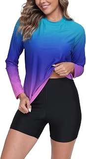 Halcurt Women's Long Sleeve 2 Piece Rash Guard Built in Bra Swimsuit Set