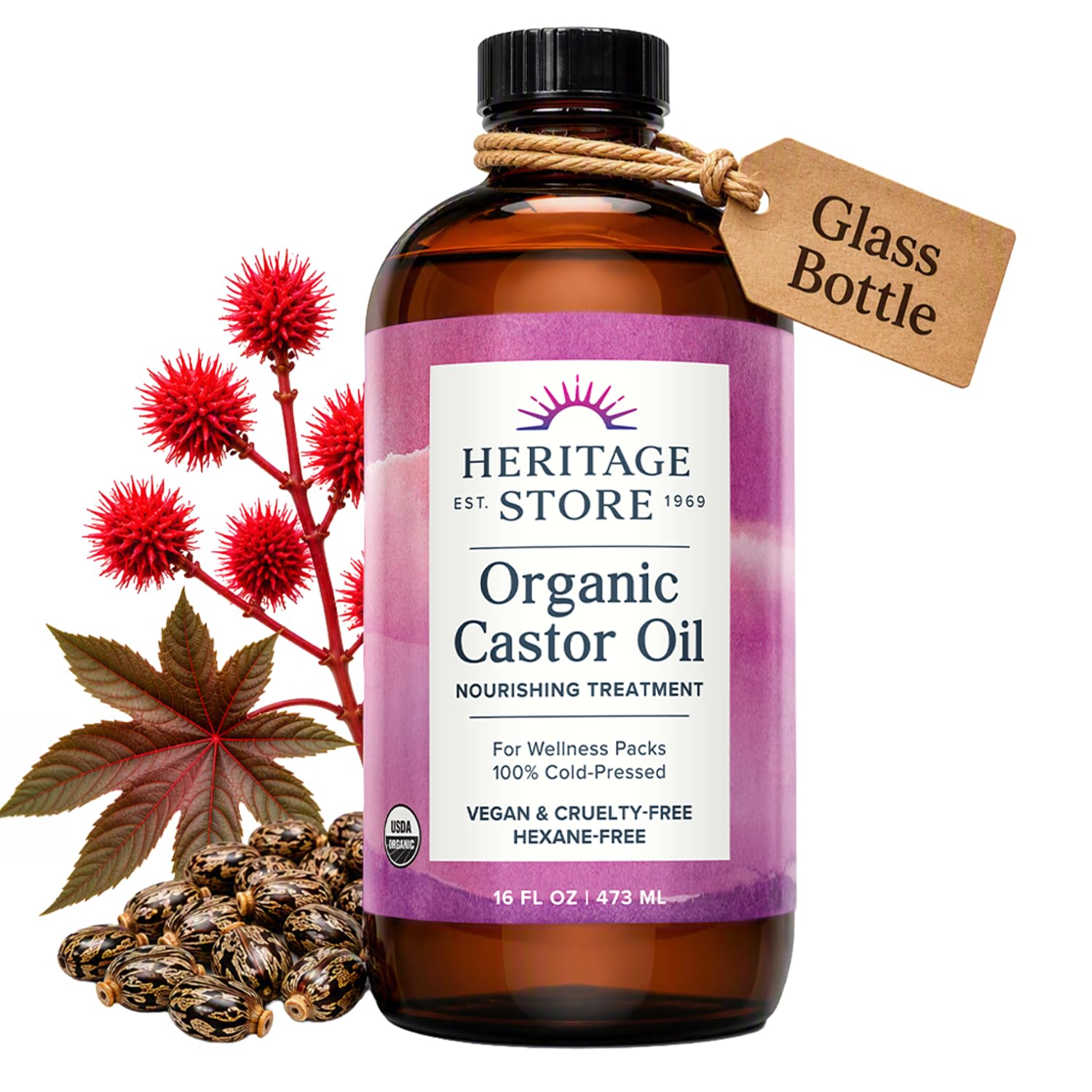 HERITAGE STORE USDA Organic Castor Oil, Cold Pressed, 16 fl oz | Nourish hair, b
