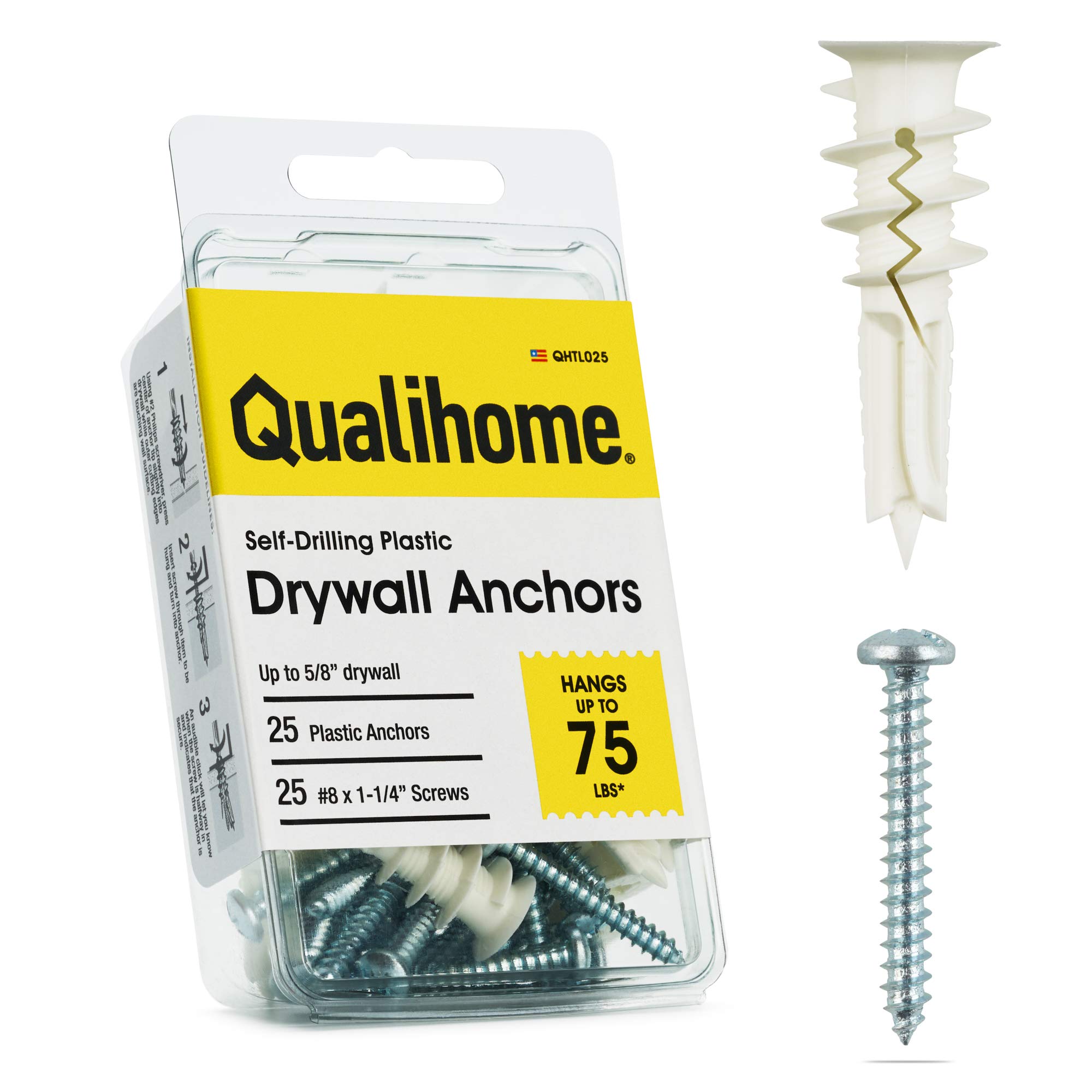 Qualihome Drywall Anchors with Screws – Self-Drilling Drywall Anchors, Anti-Spin